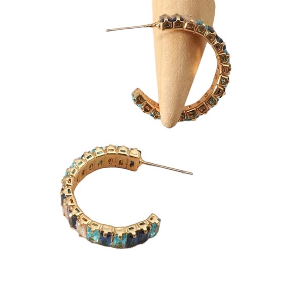 Radiant Blue & Iridescent Baguette Crystals C Shaped Gold Toned Hoop Earrings - Picture 5 of 5